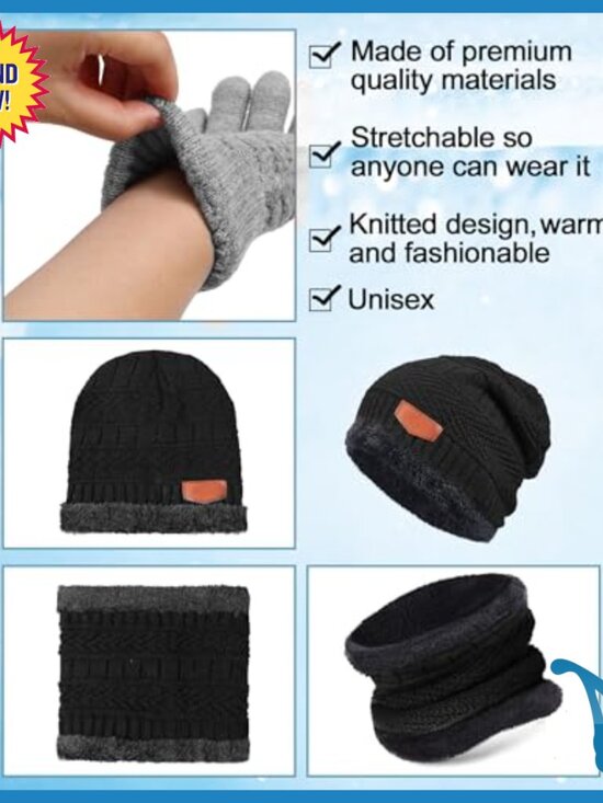 150-Piece Winter Knit Beanie Scarf Gloves Set Acrylic Fleece Lined main image 4